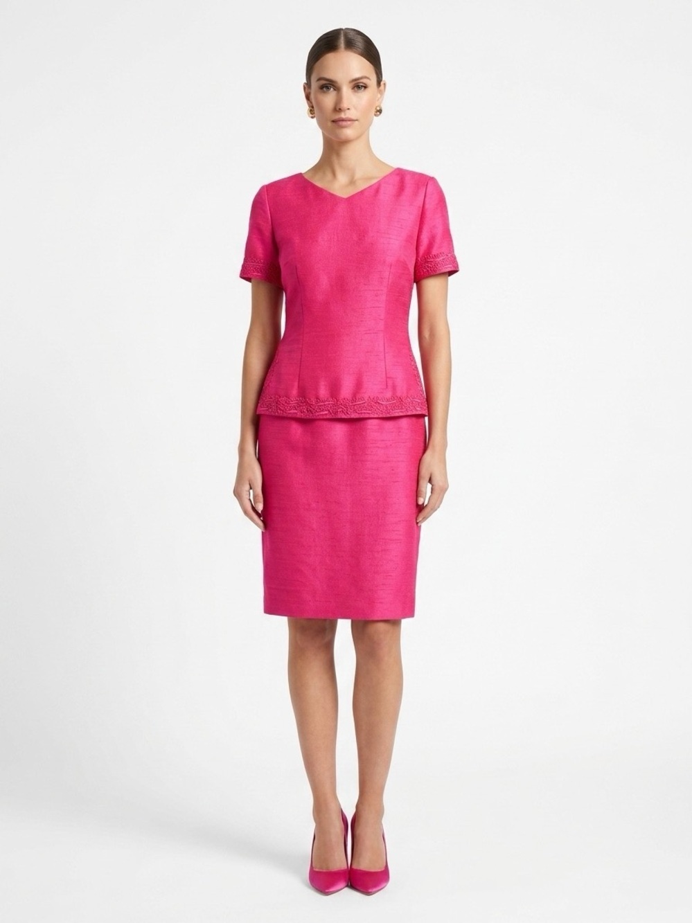 Vintage Maggy London 100% Silk Hot Pink Dress Size 4 short sleeve knee length